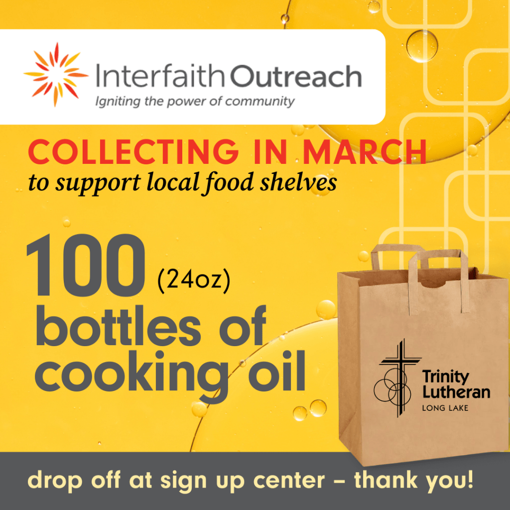March collections for local food shelves - 100 bottles of cooking oil